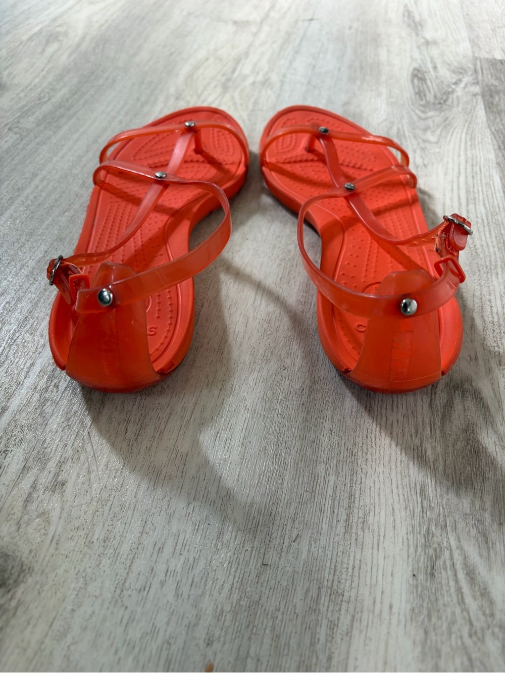 CROCS women’s 7 Bright Orange Jelly Strappy Minimalist thong Sandals - Picture 2 of 6